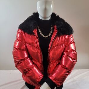 New JORDAN Criag Puffer Fur Coat Jacket Red Size medium Quillted Zip Pockets
